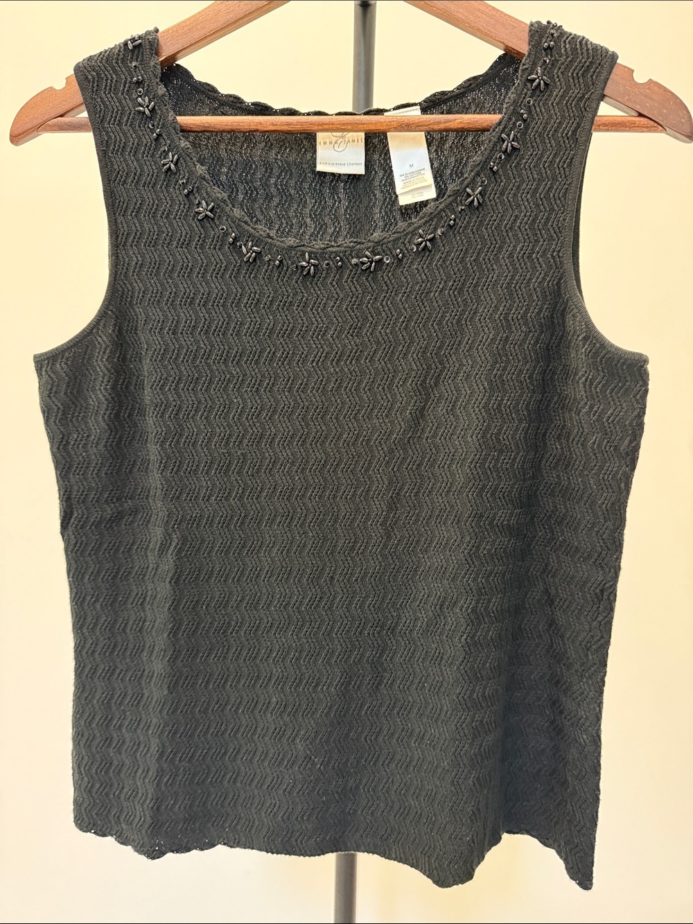 Vintage Emma James Silk Cotton Black Beaded Knit Sweater Tank Top | Size M